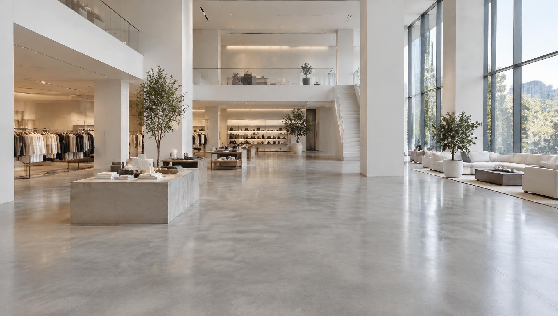 Seamless grey polished concrete overlay in a large retail space